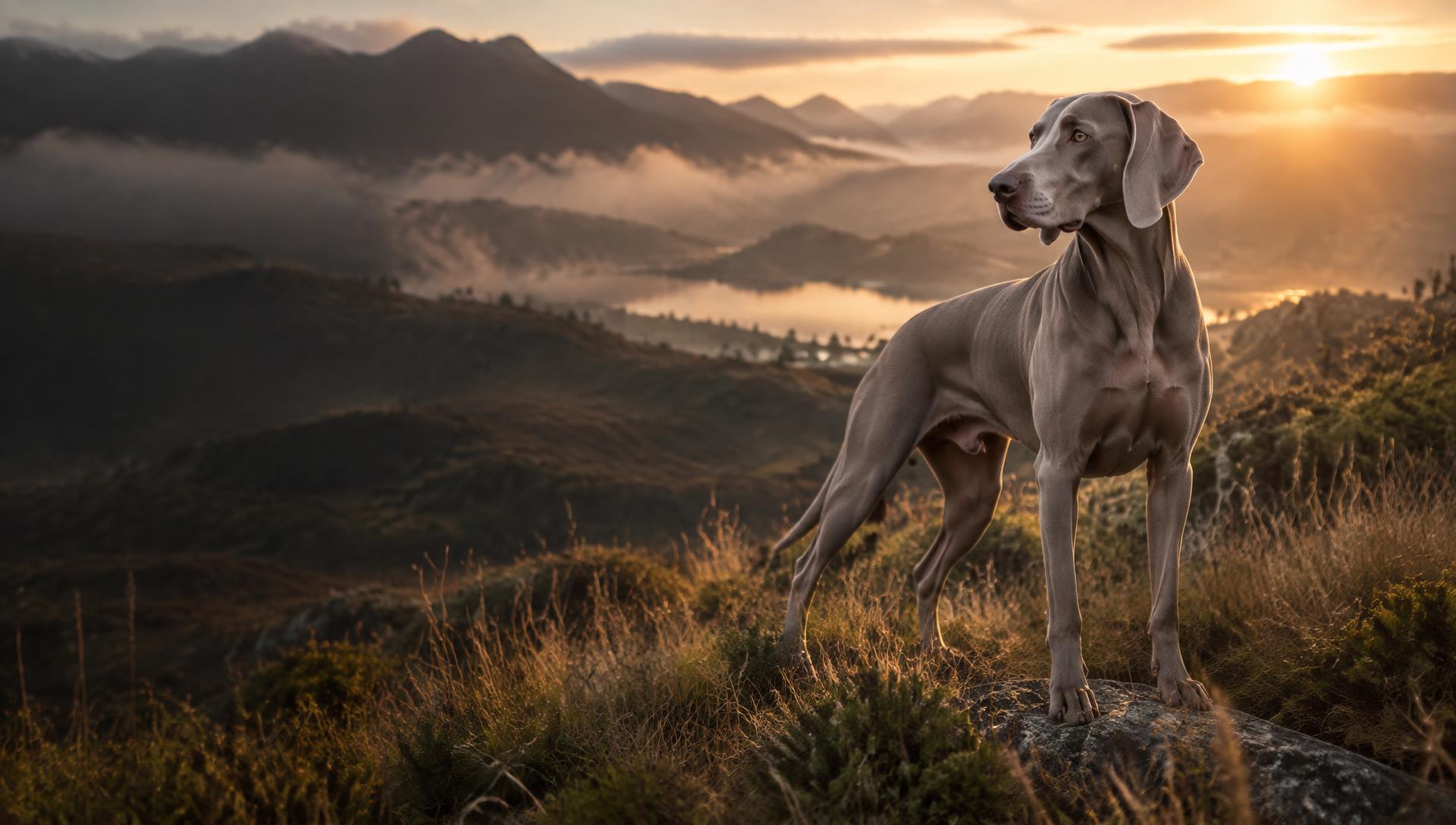 Weimaraner adulto en un paisaje de montaña al amanecer